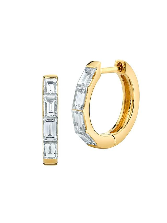 Womens 18K Yellow Gold & Baguette Diamond Huggie Hoop Earrings Product Image