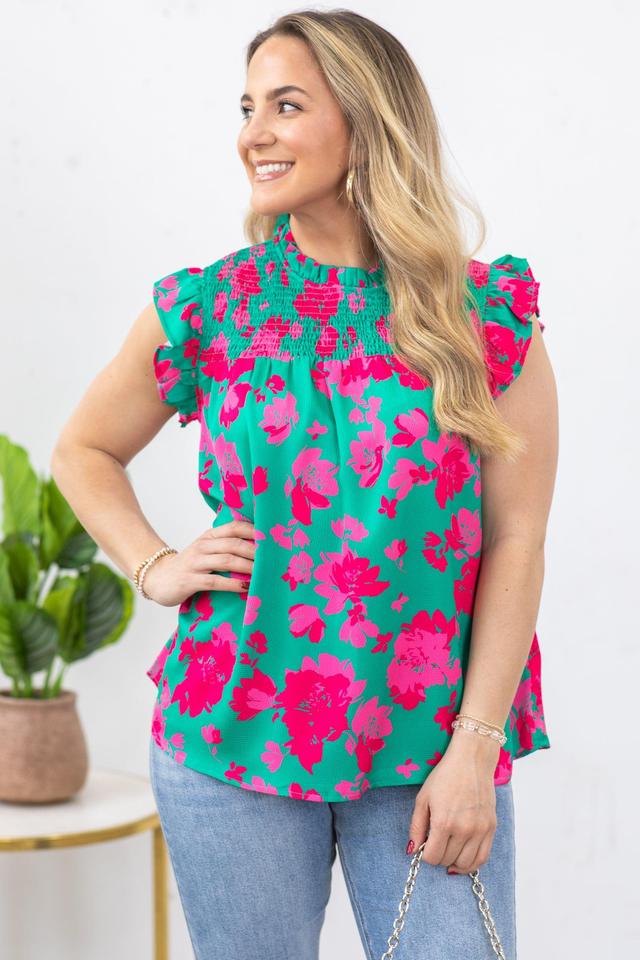 Jade And Pink Floral Shirred Yoke Woven Top Product Image