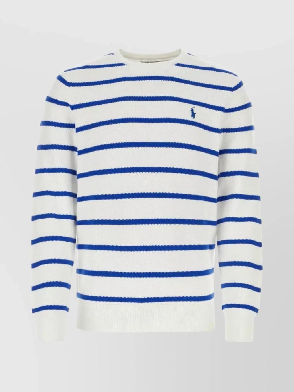 Striped Embroidered Cotton Crewneck In Blue Product Image