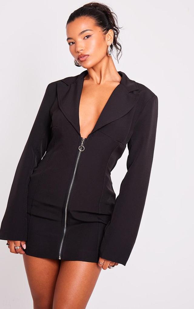 Black Woven Zip Through Corset Detail Blazer Dress Product Image