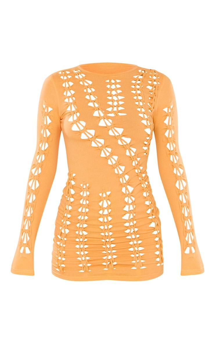 Orange Jersey Lattice Long Sleeve Bodycon Dress Product Image