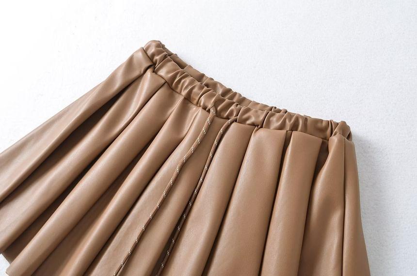 Drawstring Waist Plain Pleated Mini A-Line Skirt Product Image