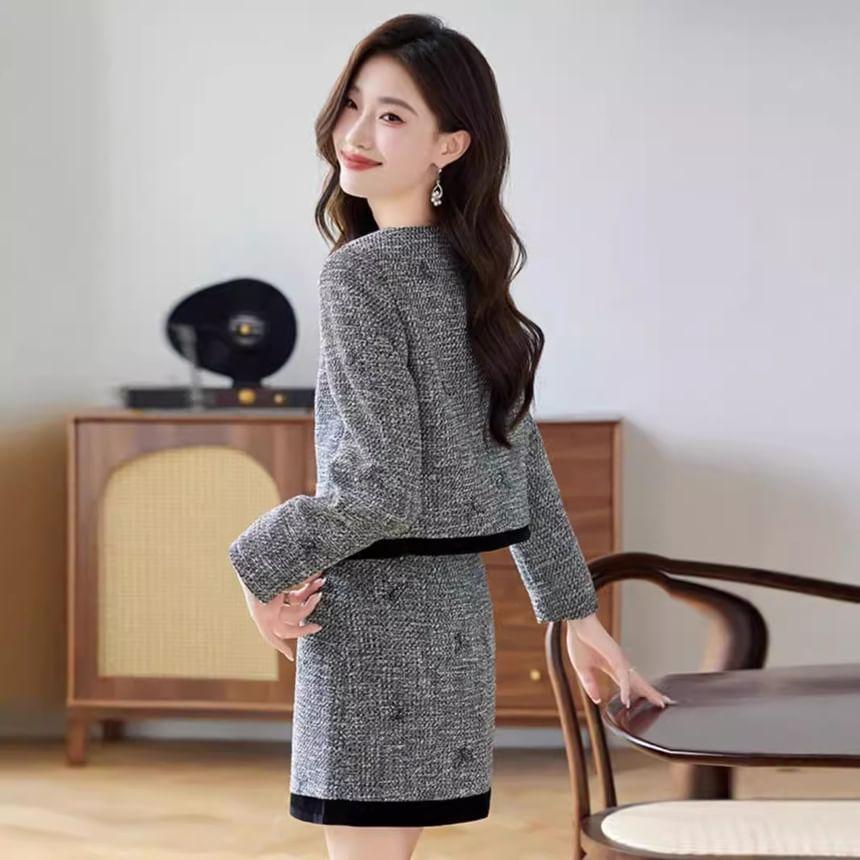 Set: Round Neck Butterfly Buttoned Jacket + High Waist Mini A-Line Skirt Product Image