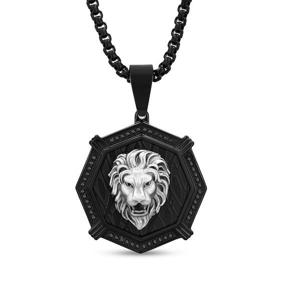 Men's 1/4 CT. T.w. Black Diamond Octagon Frame Lion Medallion Pendant in Stainless Steel and Black Ion-Plate - 24" Product Image