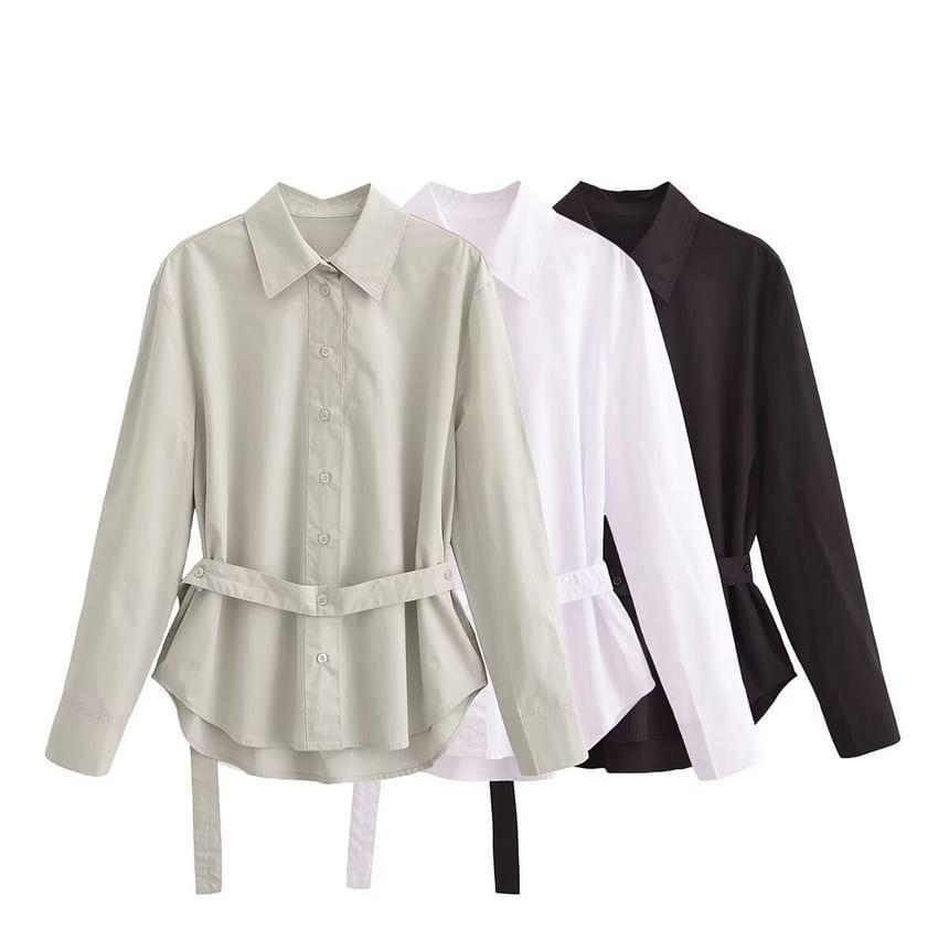 Long Sleeve Lapel Collar Plain Belted Shirt Product Image