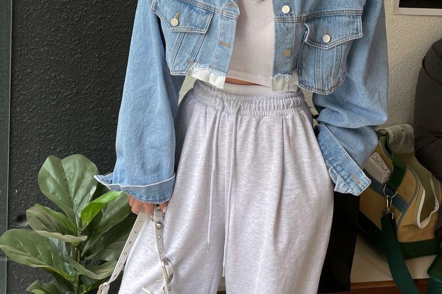 Collared Button-Up Denim Crop Jacket Product Image