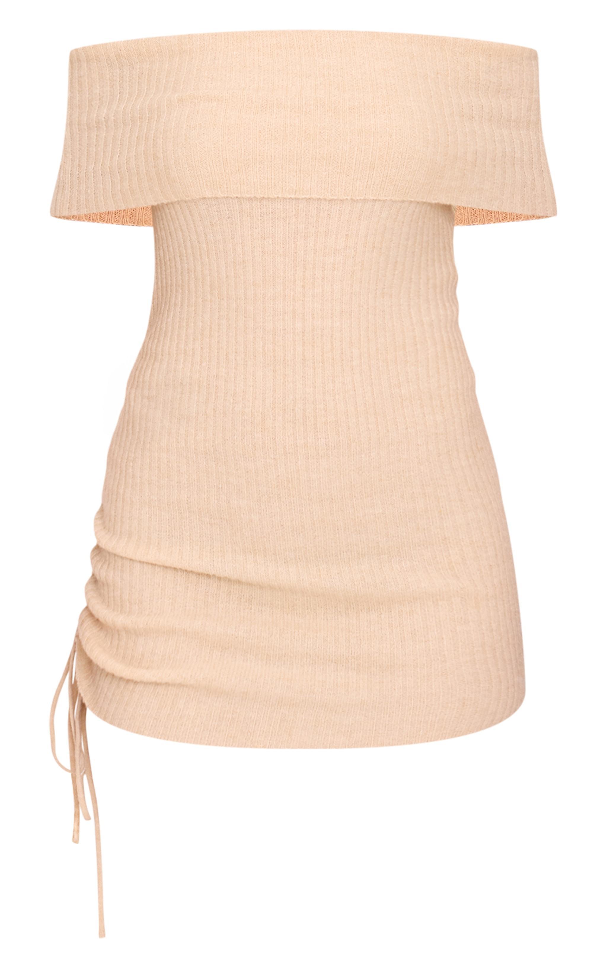 Deep Taupe Rib Knit Bardot Fold Over Tie Side Mini Dress Product Image