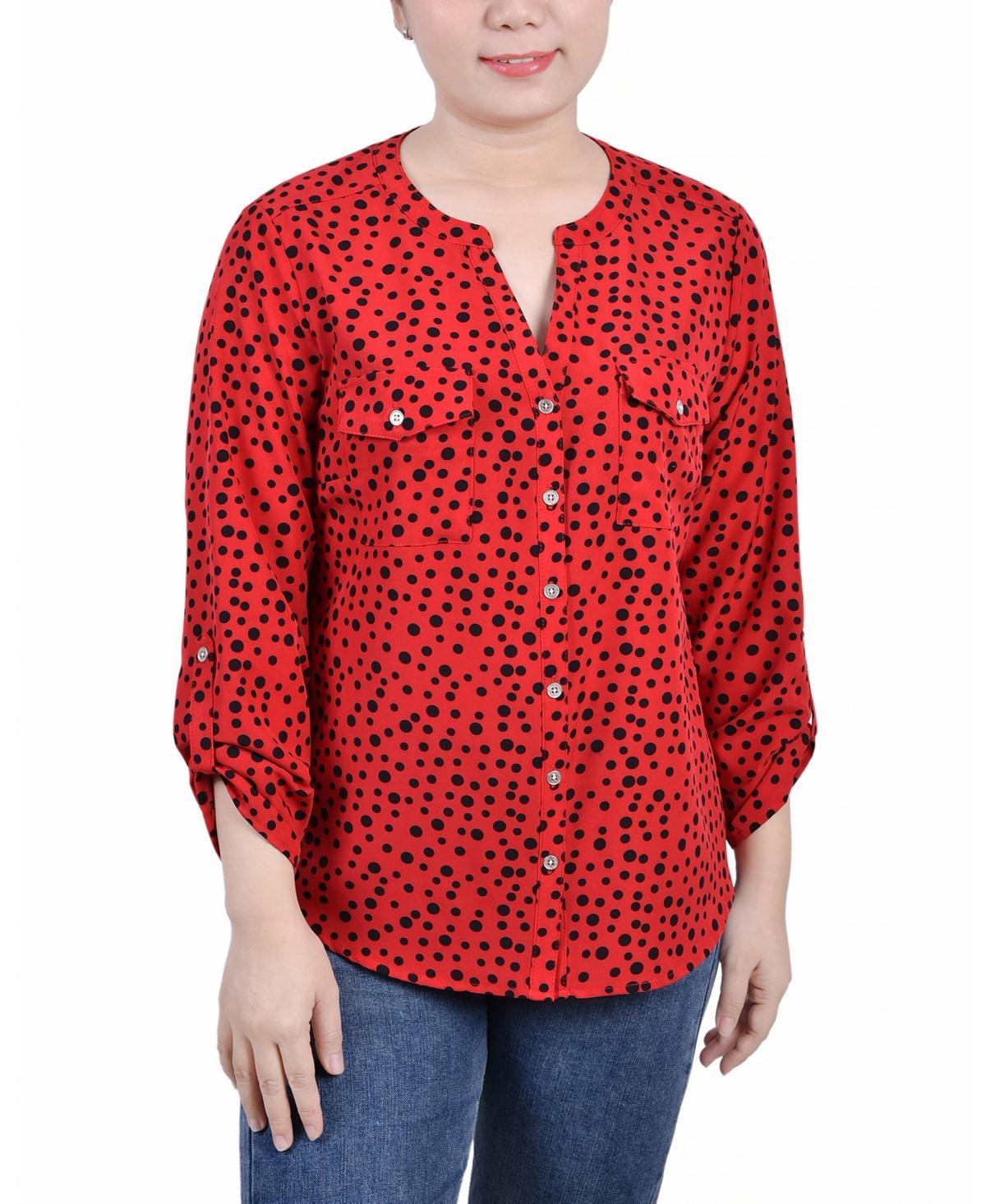 Petite 3/4 Sleeve Roll Tab Y Neck Blouse Product Image