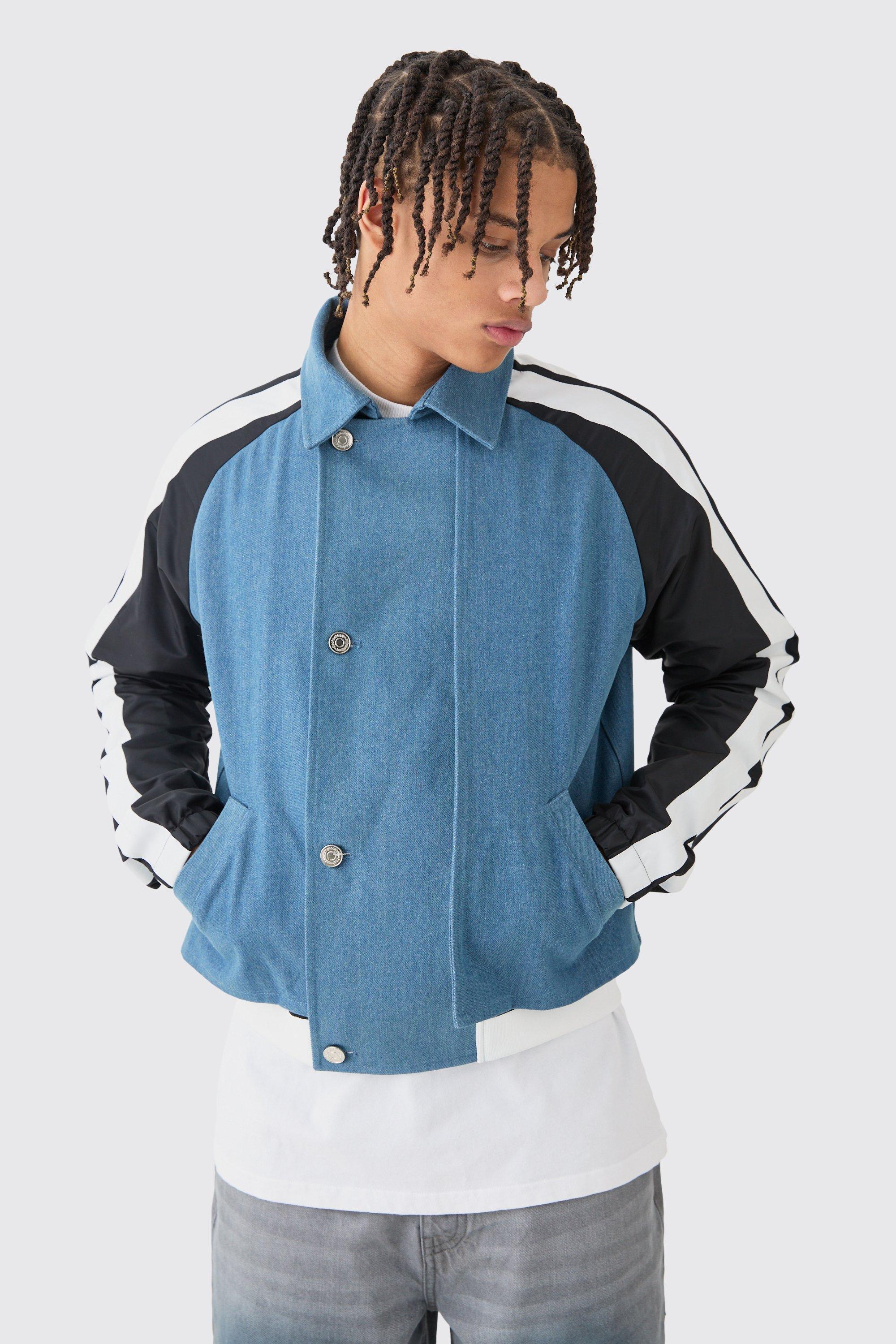 Denim And Nylon Hybrid Layered Boxy Jacket With Tape Detail | boohooMAN USA product image