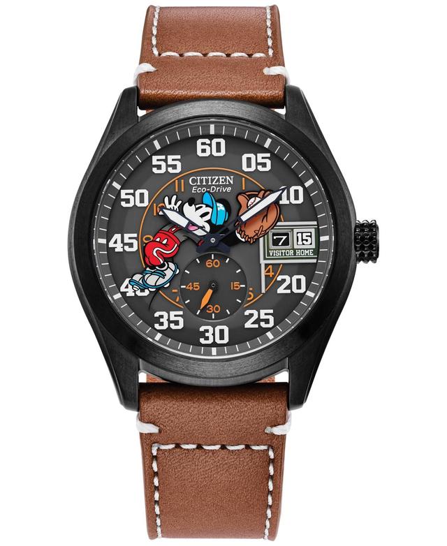 Citizen Mens Disney Collection Batters Up Mickey Two Hand Brown Leather Strap Watch Product Image