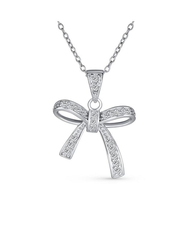 Bling Jewelry Dainty Romantic Bridal Wedding Clear Cubic Zirconia Pave Cz Station Holiday Present Ribbon Bow Pendant Necklace For Women For Teen Sterl Product Image