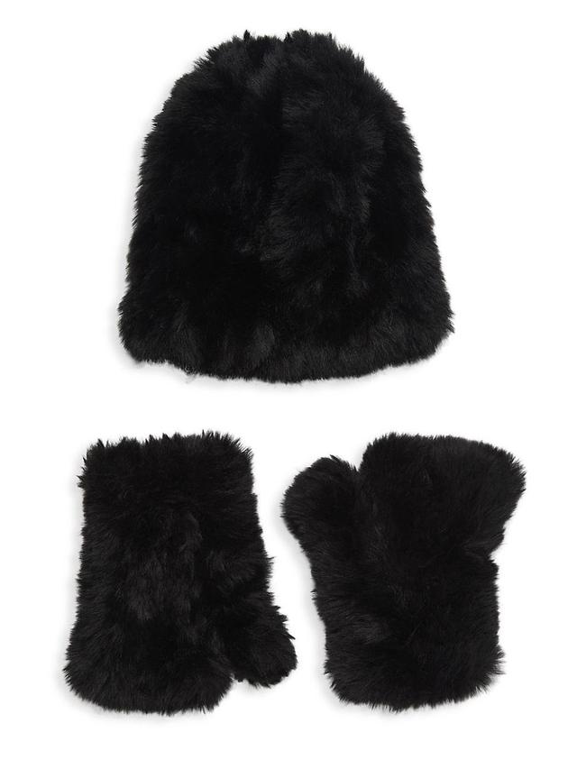Womens Faux Fur Beanie & Mittens Set Product Image