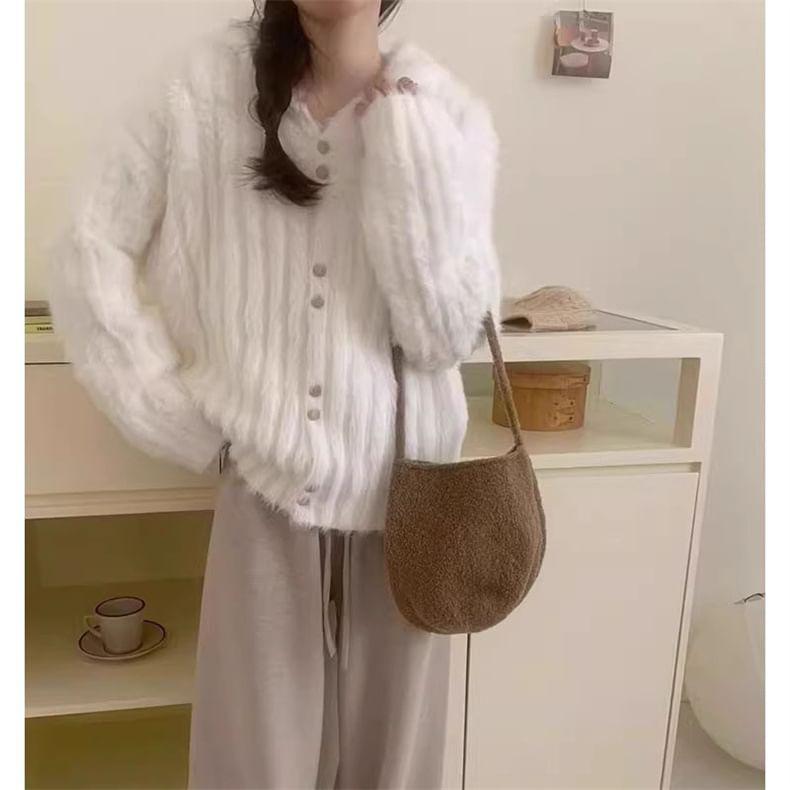 Plain Fluffy Hooded Button-Up Cardigan Product Image