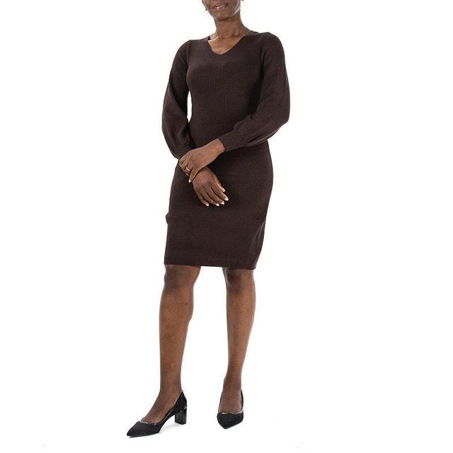 Womens Nina Leonard Balloon-Sleeve Sheath Sweater Dress Dark Brown Product Image