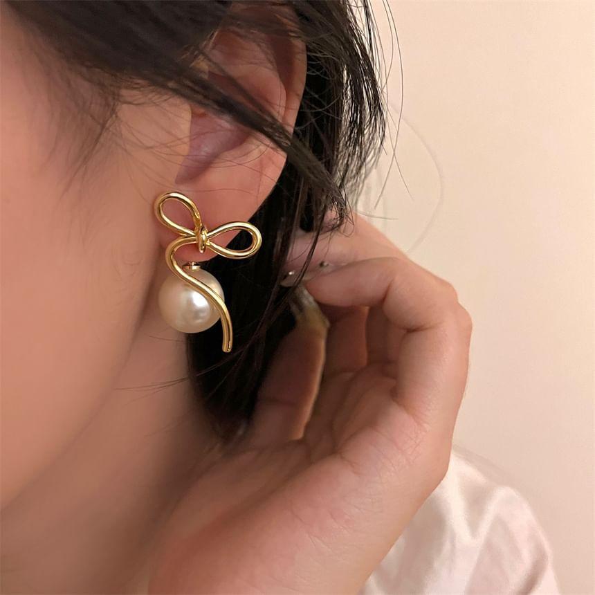 Alloy Bow Faux Pearl Earrings Product Image