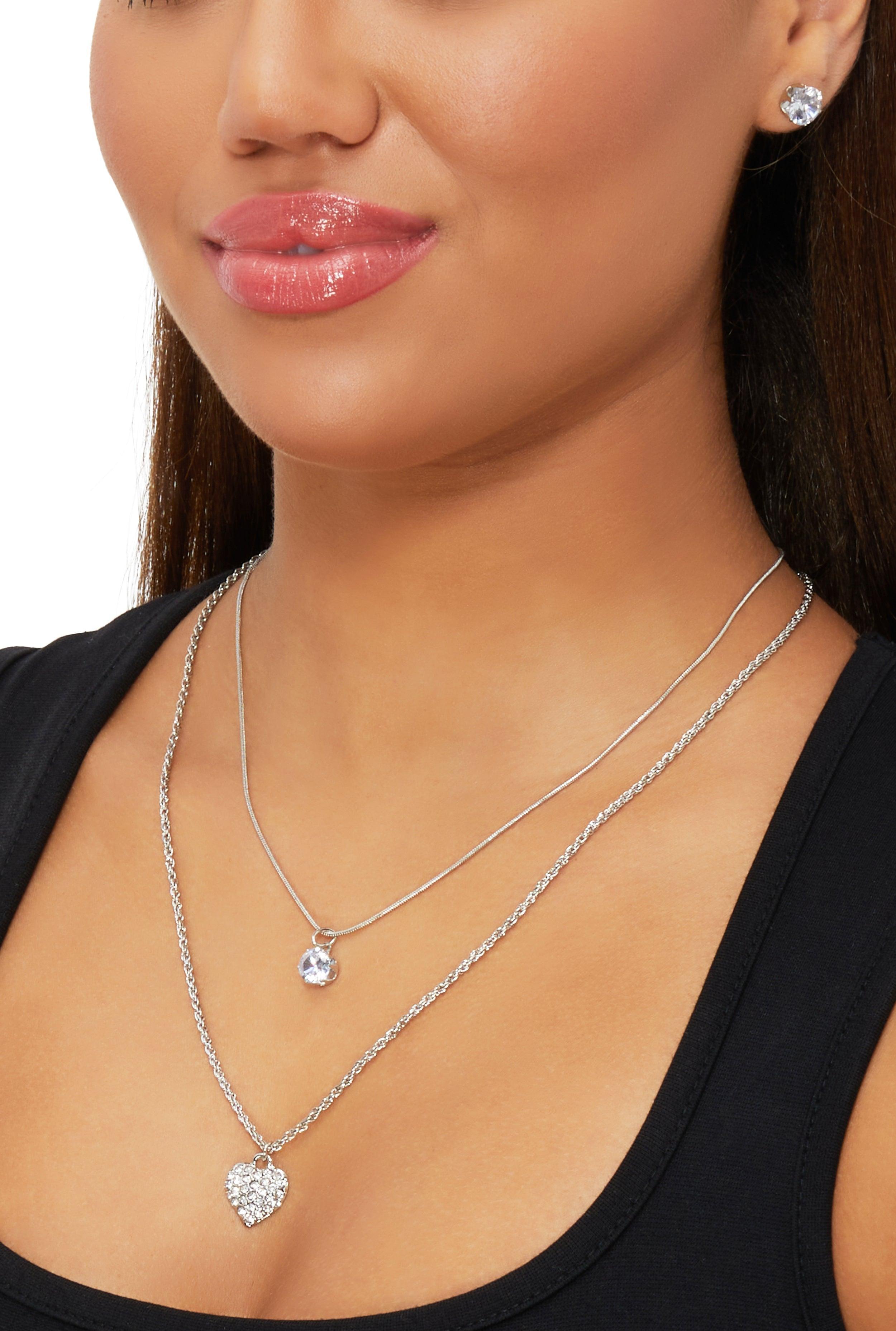 Womens Cubic Zirconia Pendant Layered Necklace and Earring Trio Product Image