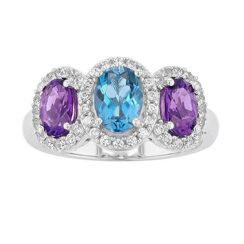 Sterling Silver London Blue Topaz, Amethyst & Lab-Created White Sapphire 3-Stone Ring, Womens Product Image