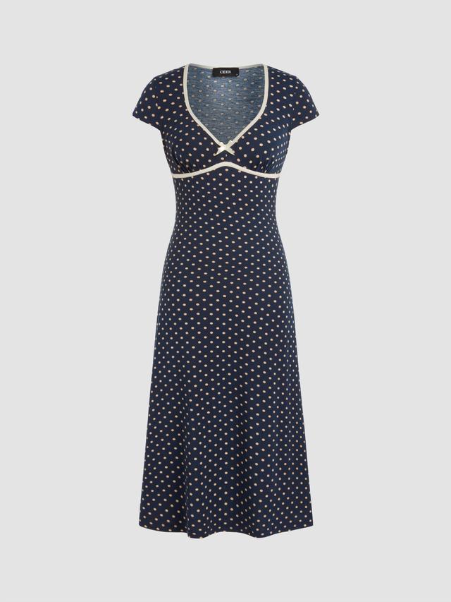 Knit V-neck Polka Dot Bowknot Midi Dress Product Image