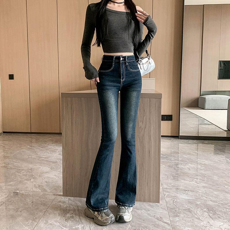 High Rise Washed Flared Jeans Product Image