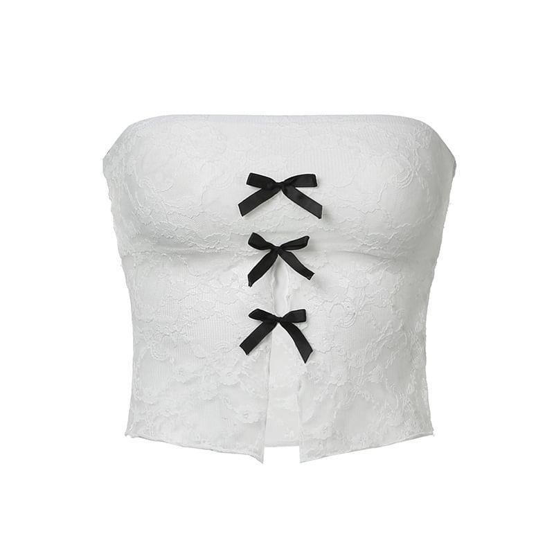 Lace See-Through Bow Accent Slit Tube Top Product Image