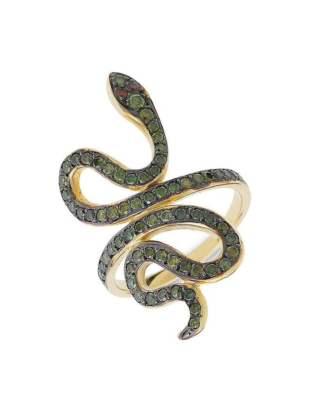 Womens Slither Snake 18K Yellow Gold, Green Diamond & Burgundy Diamond Ring Product Image