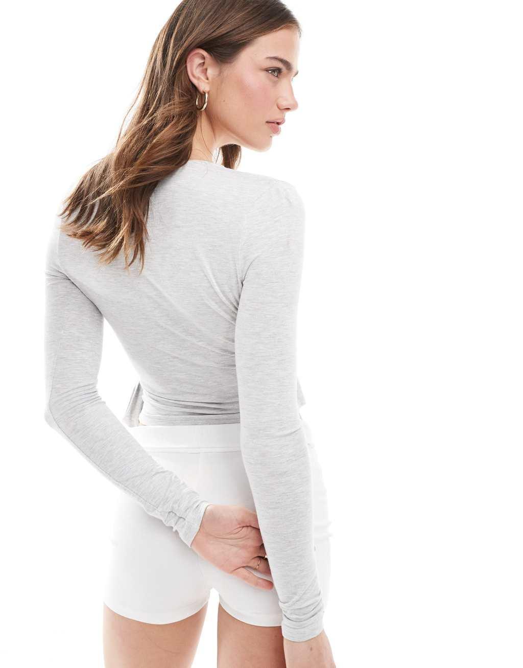 Miss Selfridge long sleeve jersey wrap top in heather gray Product Image