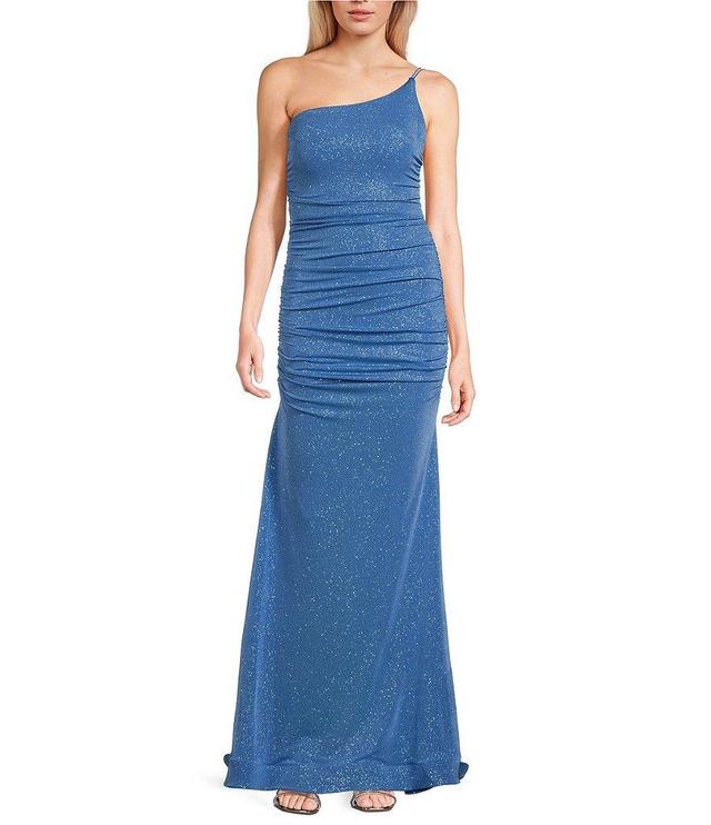 B. Darlin One Shoulder Double Strap Shirred Glitter Long Dress Product Image