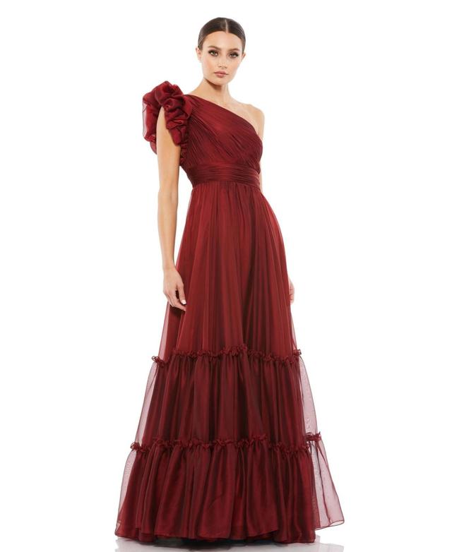 Mac Duggal Womens Ruffled One Shoulder Tiered Chiffon Gown Product Image