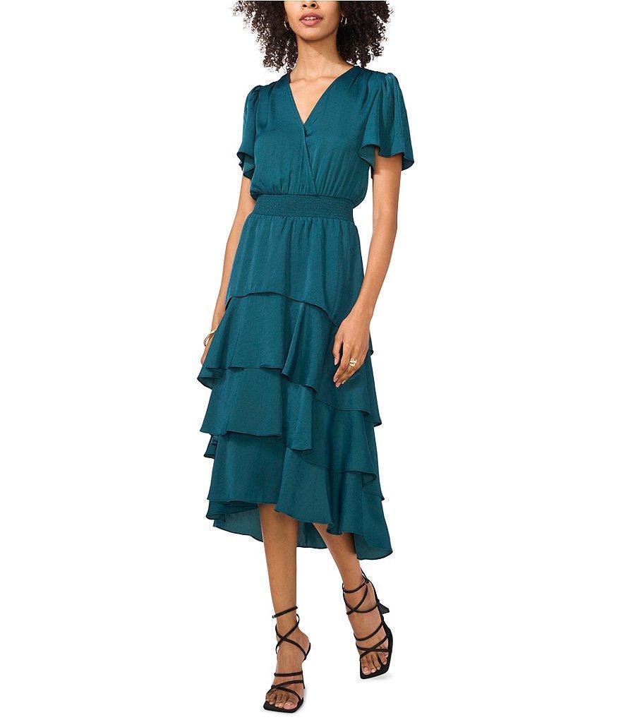 Vince Camuto Surplice V-Neck Short Flutter Sleeve Smocked Waist A-Line Tiered Midi Dress Product Image