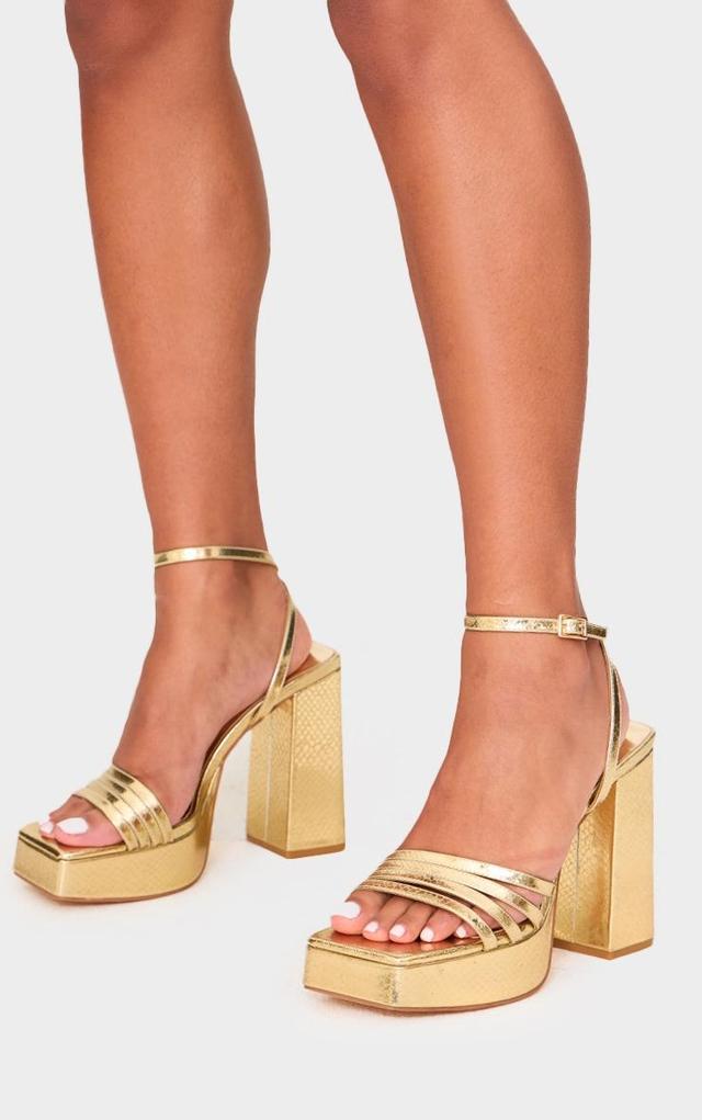 Gold PU Square Toe Strappy Block Platform Heels Product Image