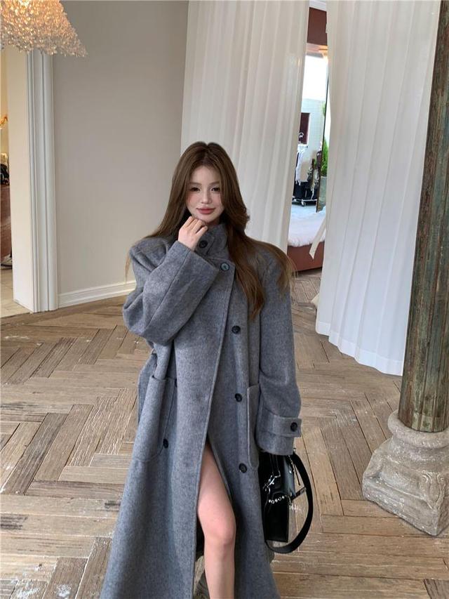 Double-Breasted Stand-Collar Wool Long Coat with Sash Product Image