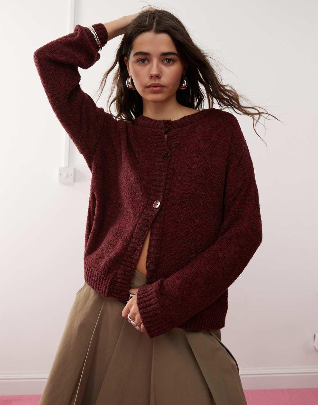 Reclaimed Vintage boxy cardigan in burgundy product image