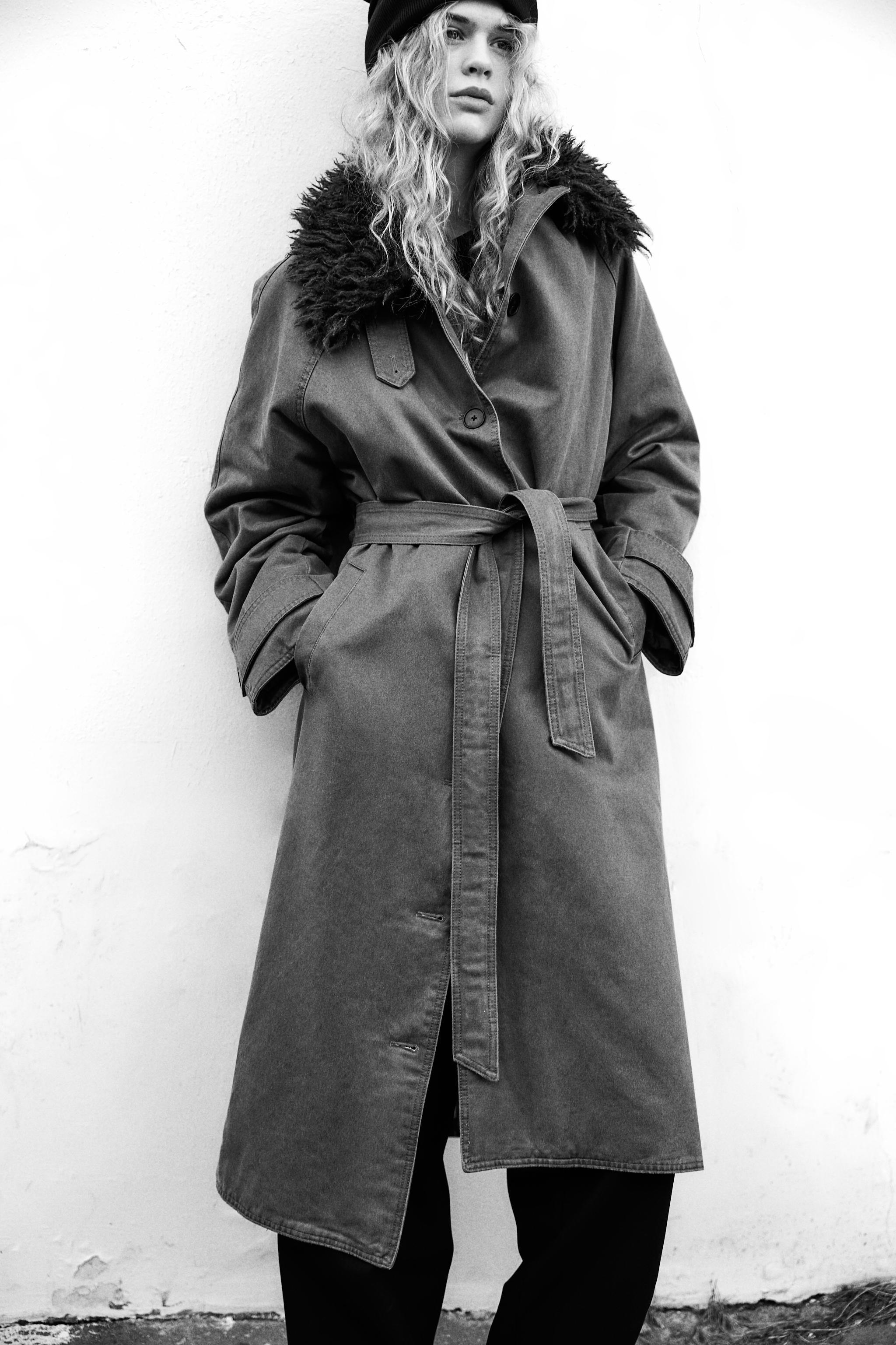 FAUX FUR COLLAR WAXED EFFECT TRENCH Product Image