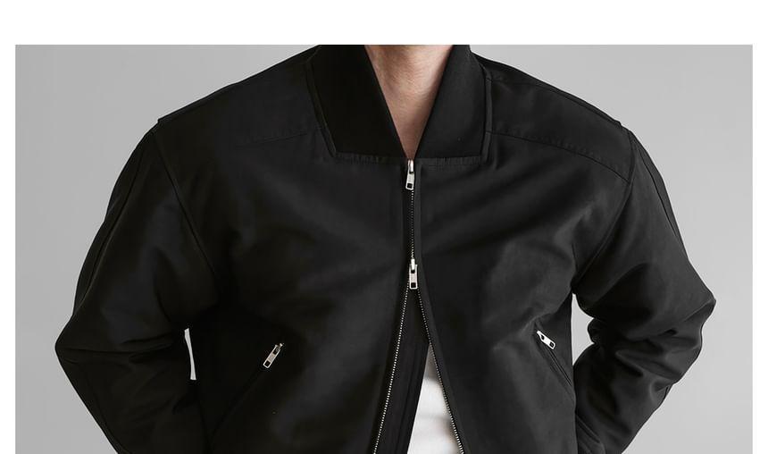 Collared Plain Zip Cropped Bomber Jacket Product Image