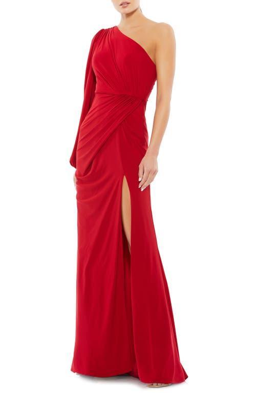 Mac Duggal One-Shoulder Long Sleeve Ruched Jersey Gown Product Image