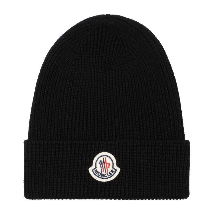 Black Logo Ribbed Knit Beanie Hat Product Image