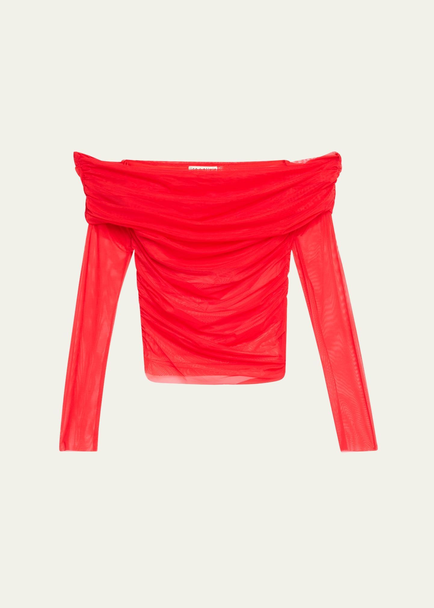 ALICE AND OLIVIA Isadola Over The Shoulder Ruched Long Sleeve Top In Bright Ruby Product Image