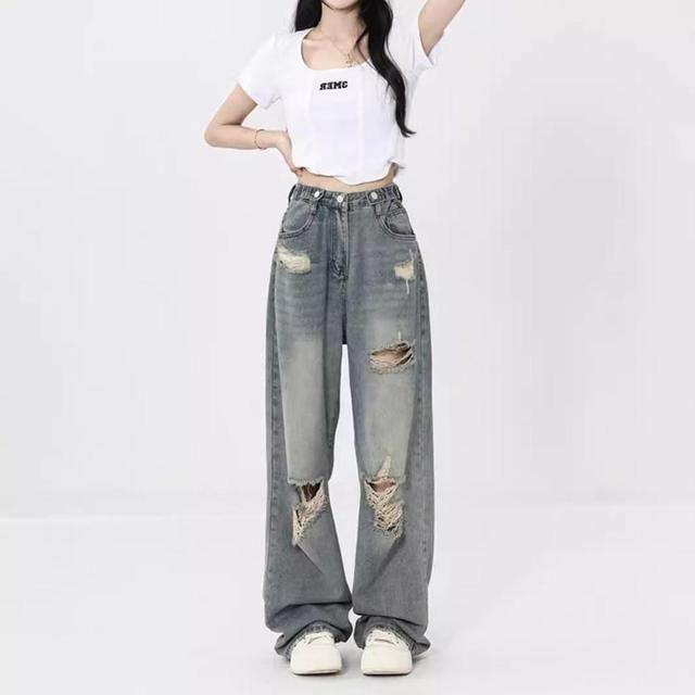 High Rise Washed Ripped Loose-Fit Wide-Leg Jeans Product Image