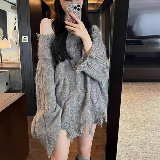 Off-Shoulder Plain Fringed Cable Knit Oversized Sweater Product Image