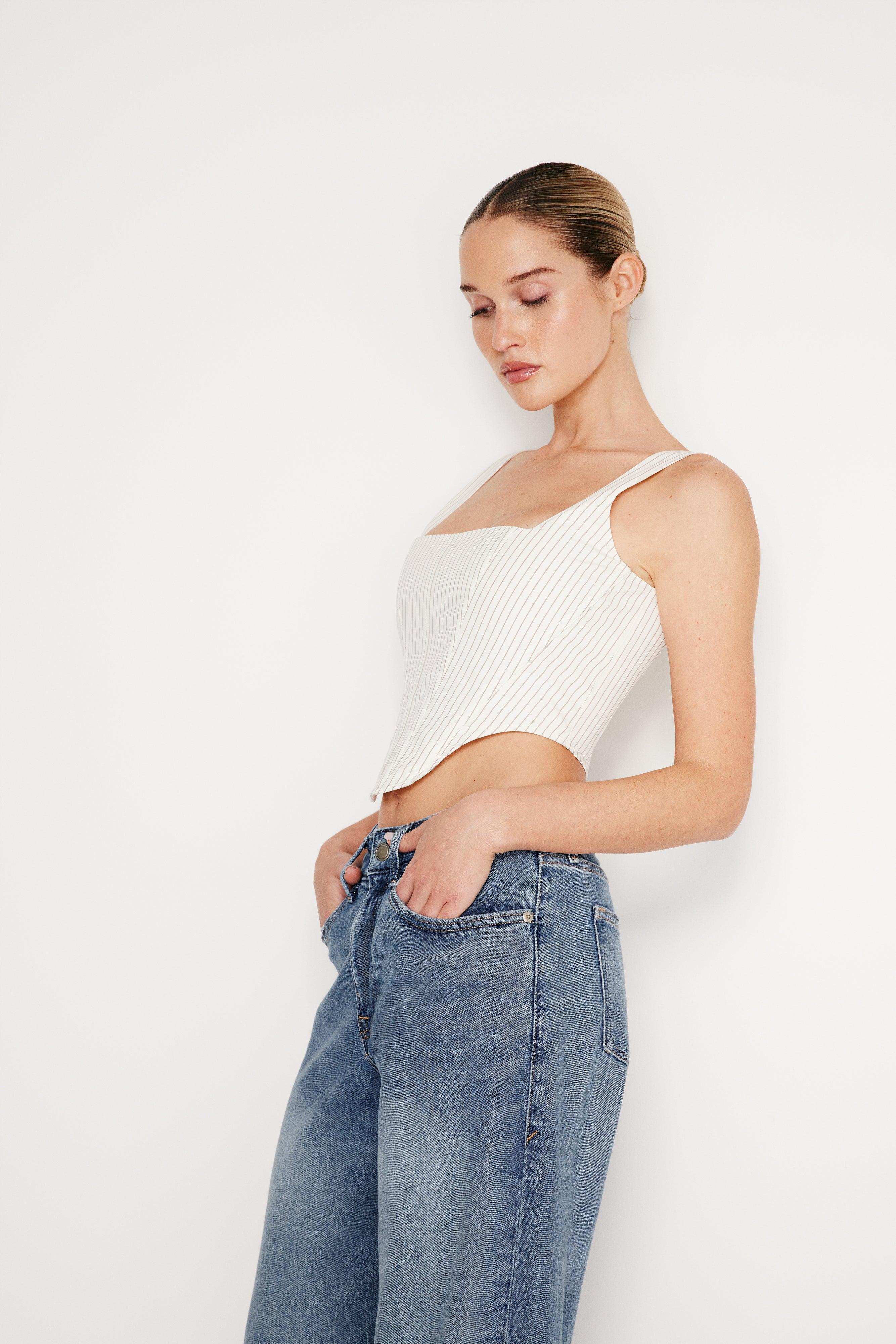 POPLIN CORSET TOP | PUTTY PENCIL STRIPE003 Product Image