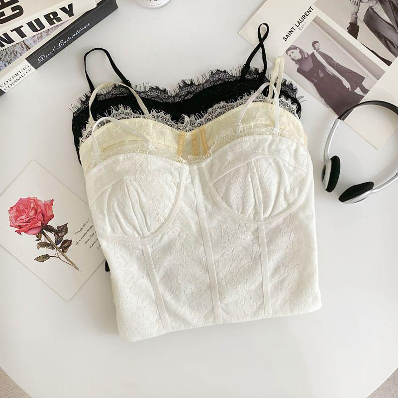 Spaghetti Strap Floral Lace Trim Crop Bustier Top Product Image