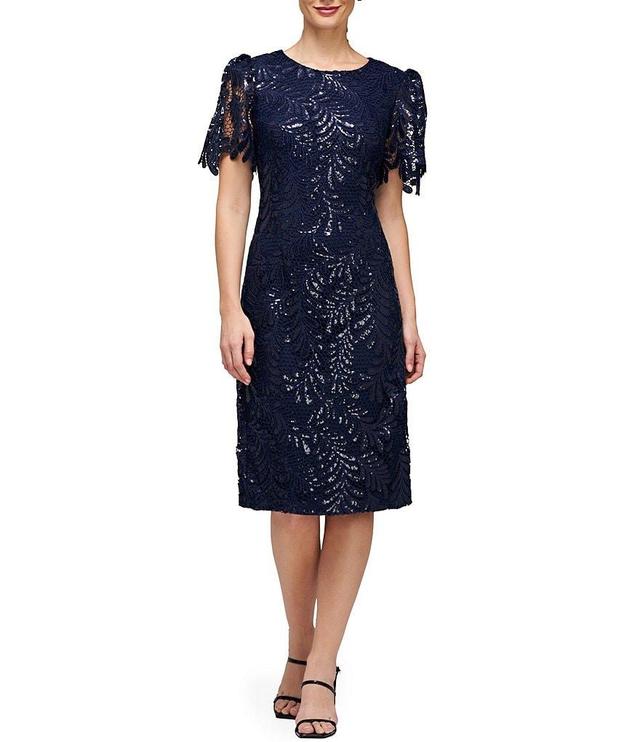 JS Collections Sequin Lace Round Neckline Short Puff Sleeve Sheath Dress Product Image