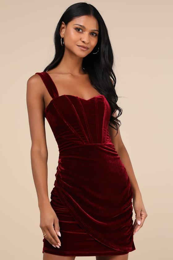 Opulent Mood Burgundy Velvet Bustier Mini Dress Product Image