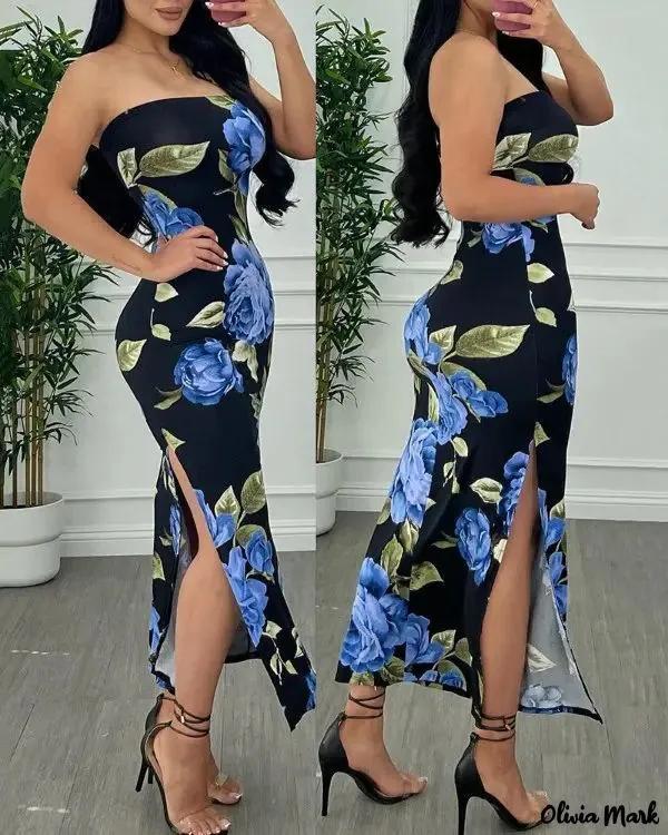 Olivia Mark – Bandeau Slit Floral Print Dress product image