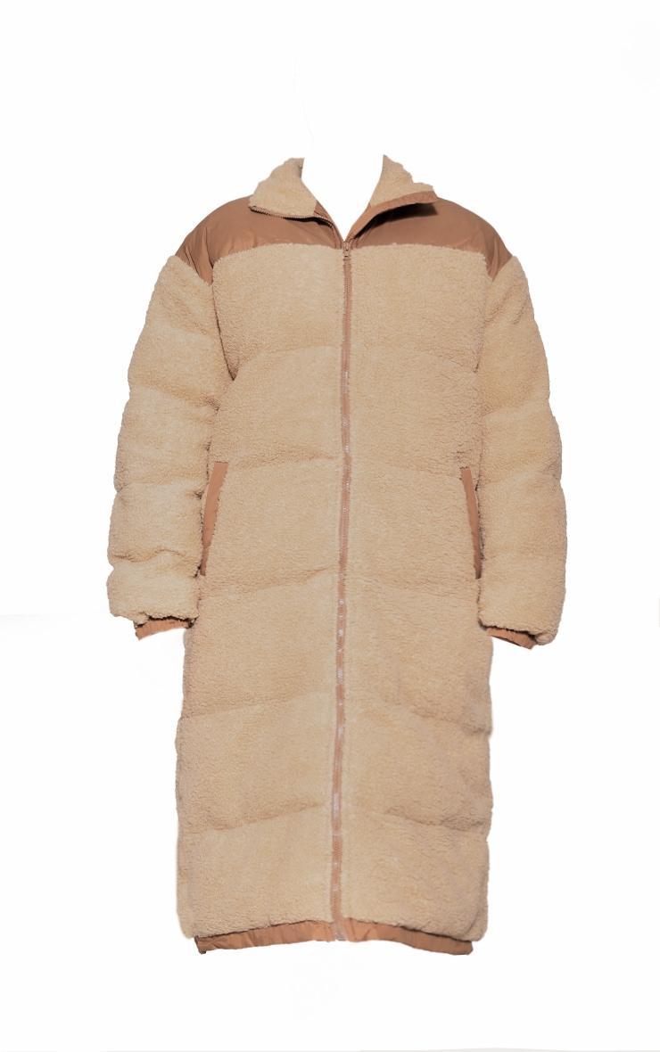 Plus Beige Contrast Borg Maxi Puffer Coat Product Image