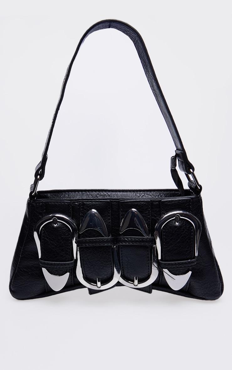 Black Distressed PU Buckle Baguette Shoulder Bag Product Image