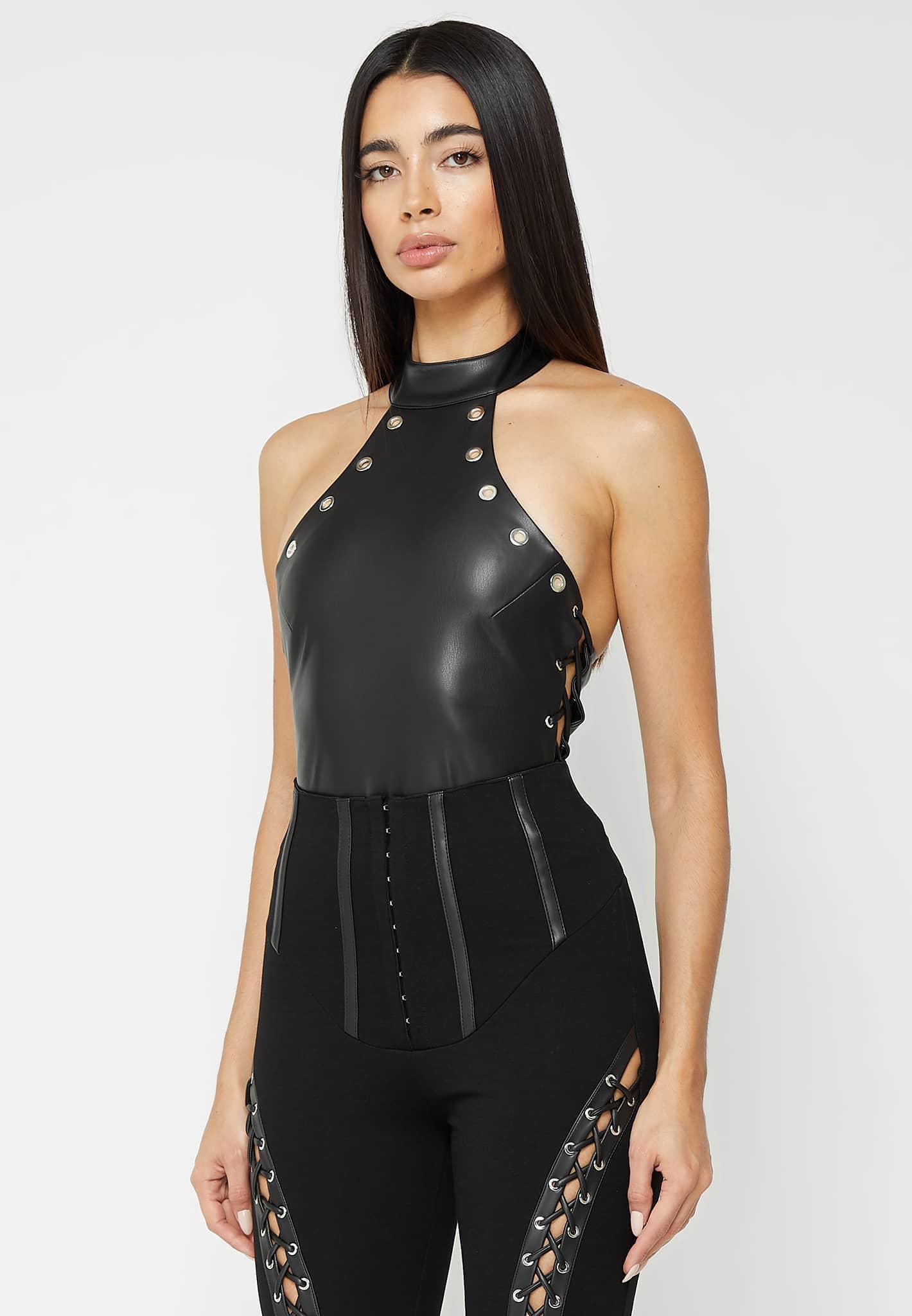 Leather Lace Up Halterneck Bodysuit - Black Female Product Image