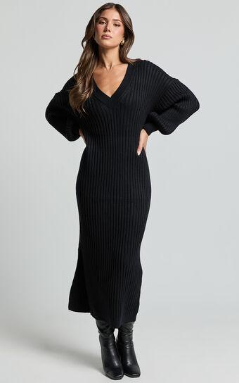 Kartia Midi Dress - V Neck Knit Dress in Black Product Image