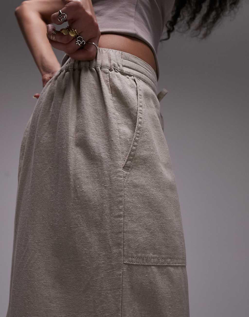 Topshop linen low rise draw cord waist straight leg pants in beige Product Image