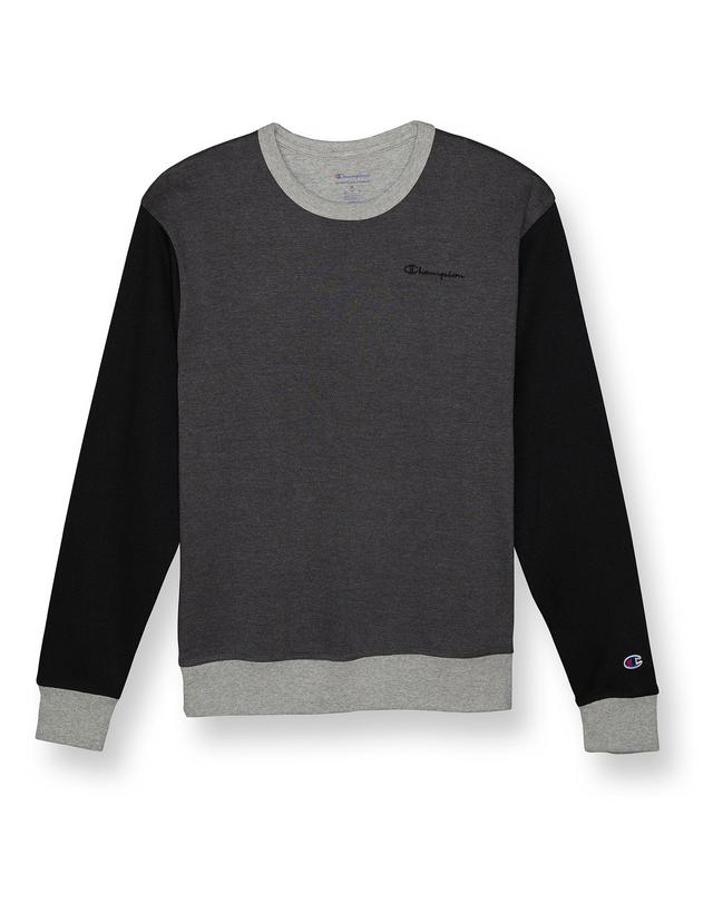 Mens Champion Powerblend Colorblock Crew Granite Heather/Black M Product Image